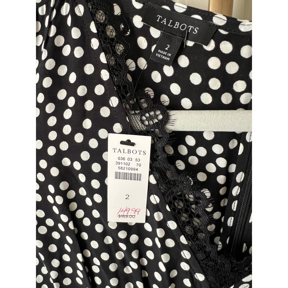Talbots Polka Dot Lace Trim Midi Dress Black White V-Neck Short Sleeve NWT Sz 2 - Picture 4 of 15